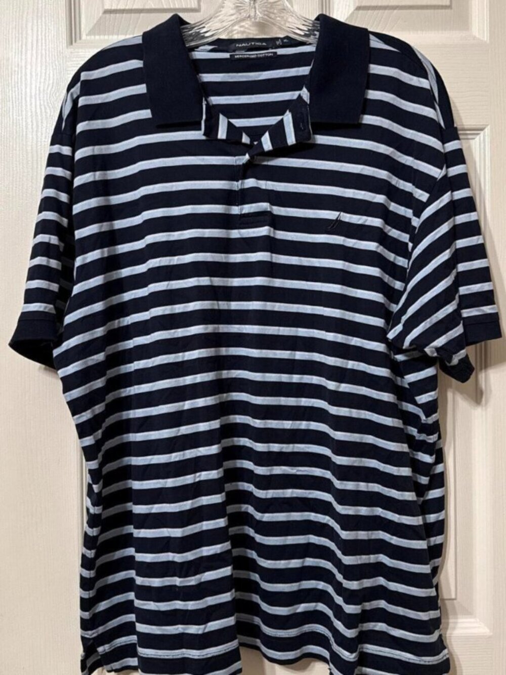 Navy blue and light blue striped polo shirt #preppy #classic